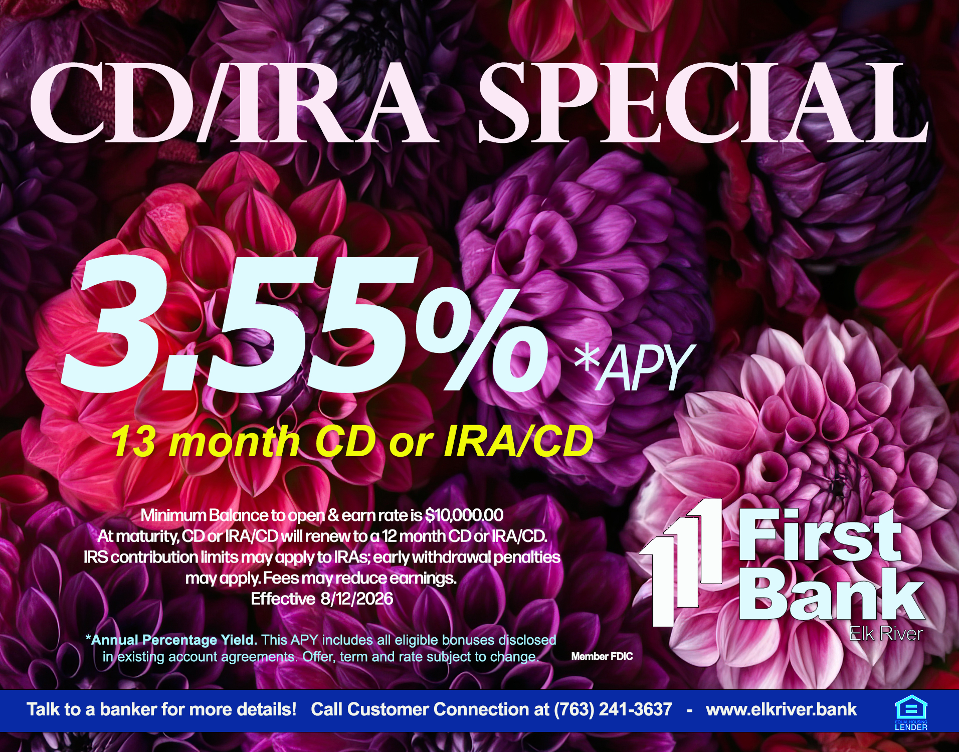 Ad for CD/IRA Special featuring pink colored flowers. 3.55% APY for 13 month CD or IRA/CD.
