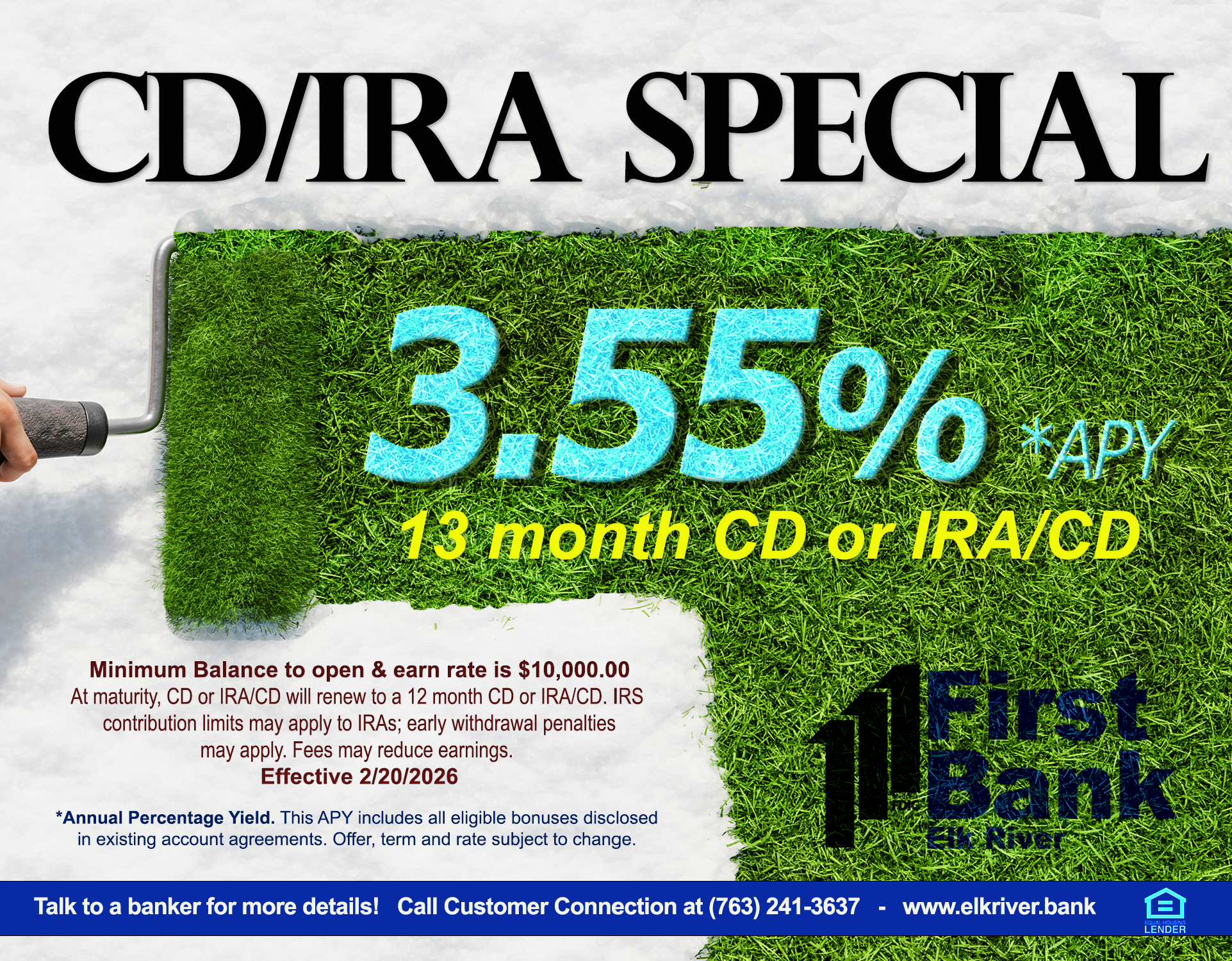 Advertisement for CD/IRA special rate, 3.55% APY on 13 month term.  Ad is a paint brush with grass, indicating spring is coming.  
