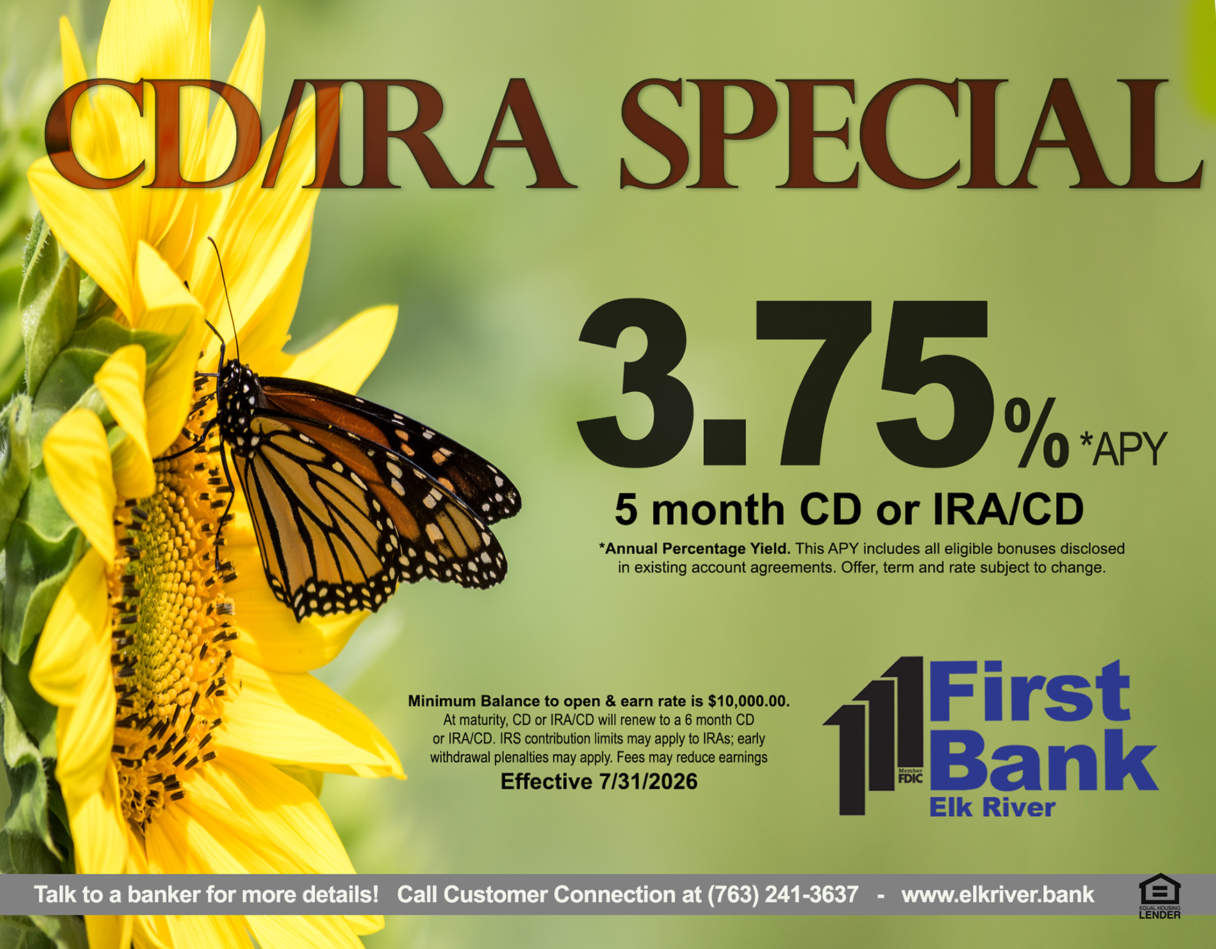 Ad for CD/IRA special featuring a butterfly on a flower, 3.75% APY for 5 month CD or IRA/CD